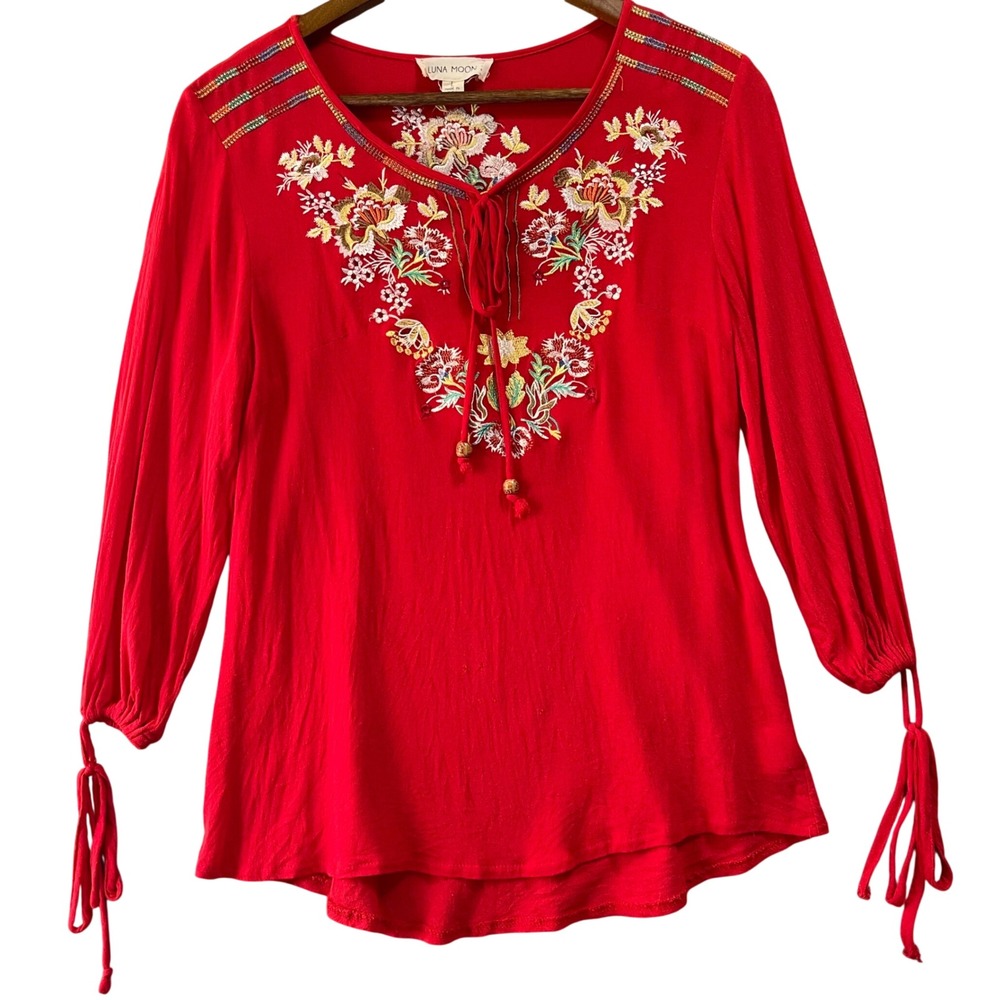 Luna Moon Embroidered Peasant Blouse Womens Large Red Boho Embroidered Gypsy